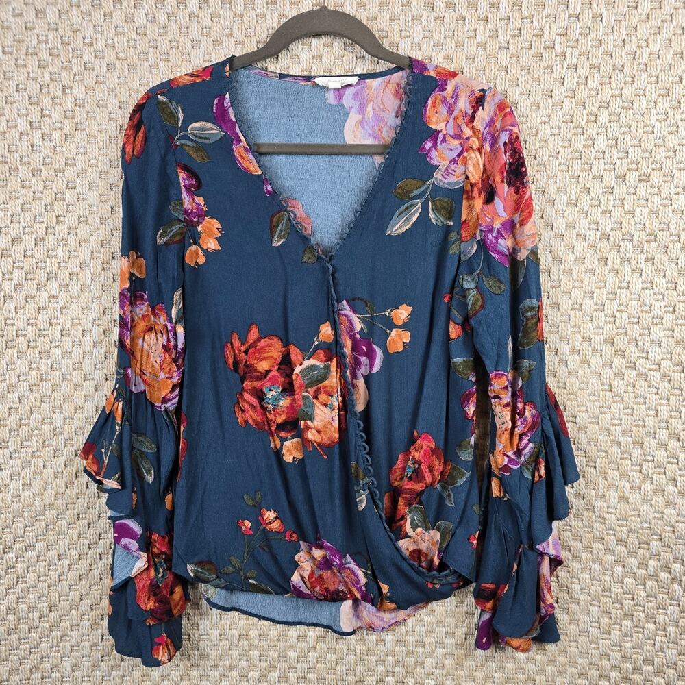 Anthropologie ODDY Floral Blouse Blue Cottagecore Prairie Whimsy Boho Ruffle S